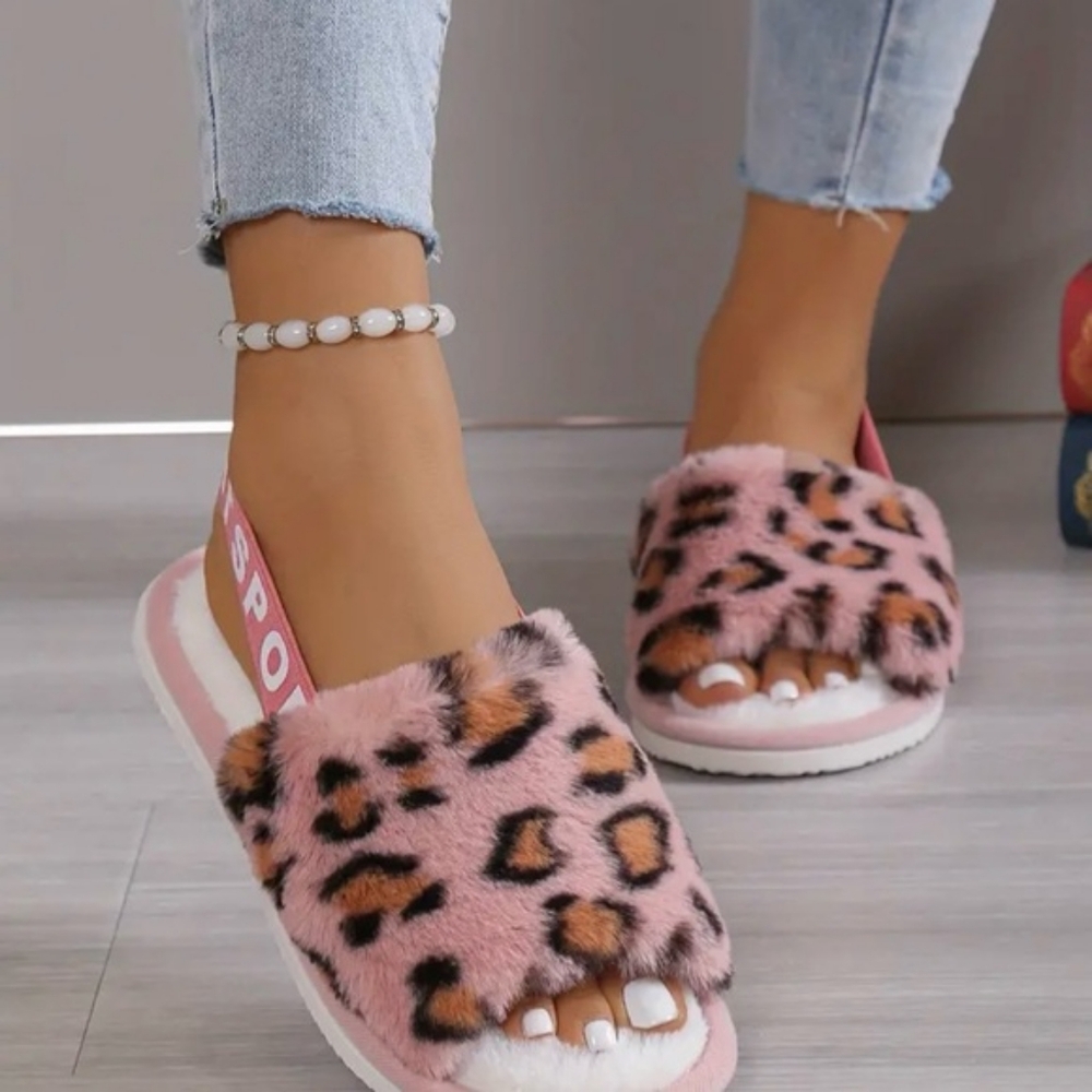 Soft Leopard Print Sling Back Slippers